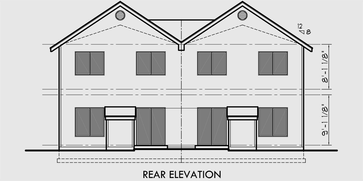 House front drawing elevation view for D-438 Duplex house plans, 22 ft wide row house plans, 3 bedroom duplex plans, D-438