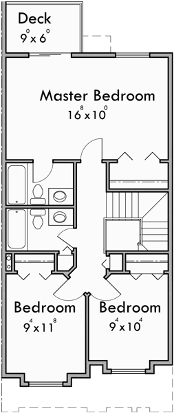 Upper Floor Plan for D-458 Duplex house plans, 3 bedroom townhouse plans, mirror image house plans, D-458