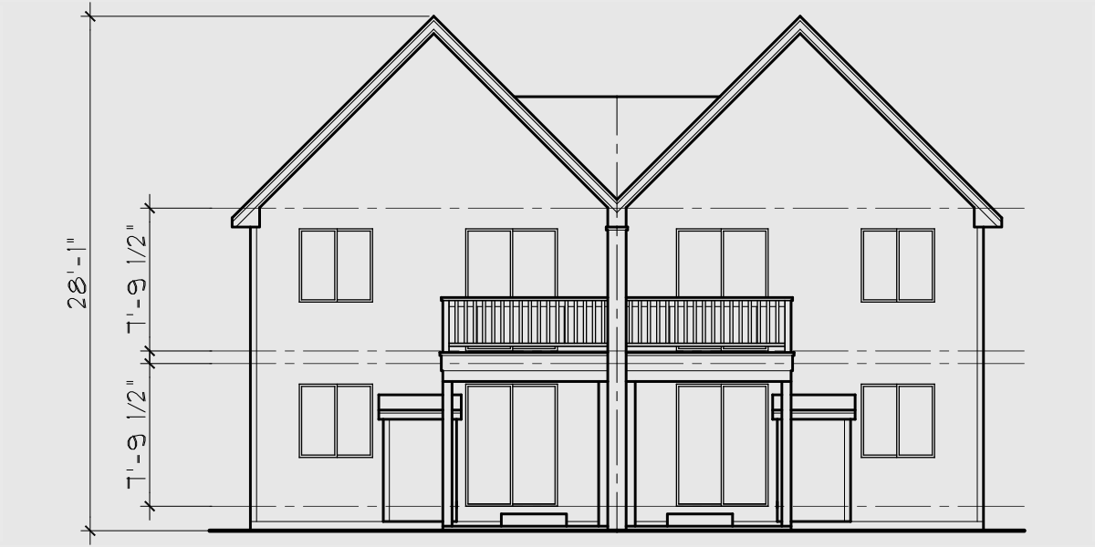 House front drawing elevation view for D-458 Duplex house plans, 3 bedroom townhouse plans, mirror image house plans, D-458
