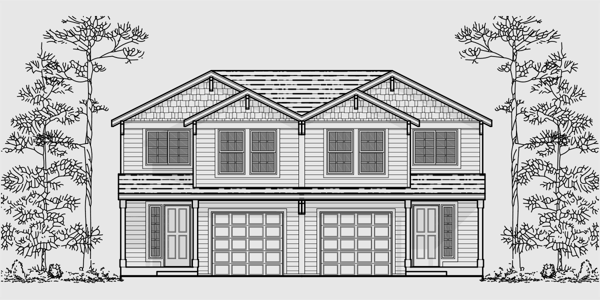 House front drawing elevation view for D-496 Duplex house plans, 20 ft wide house plans, 4 bedroom duplex plans, D-496