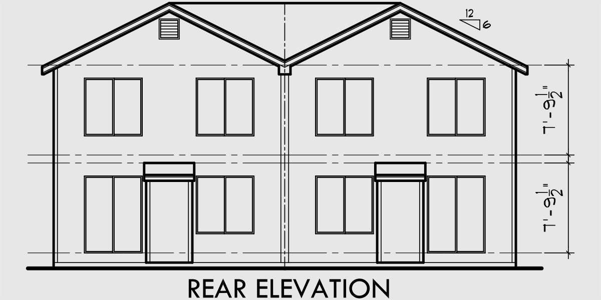 House side elevation view for D-496 Duplex house plans, 20 ft wide house plans, 4 bedroom duplex plans, D-496