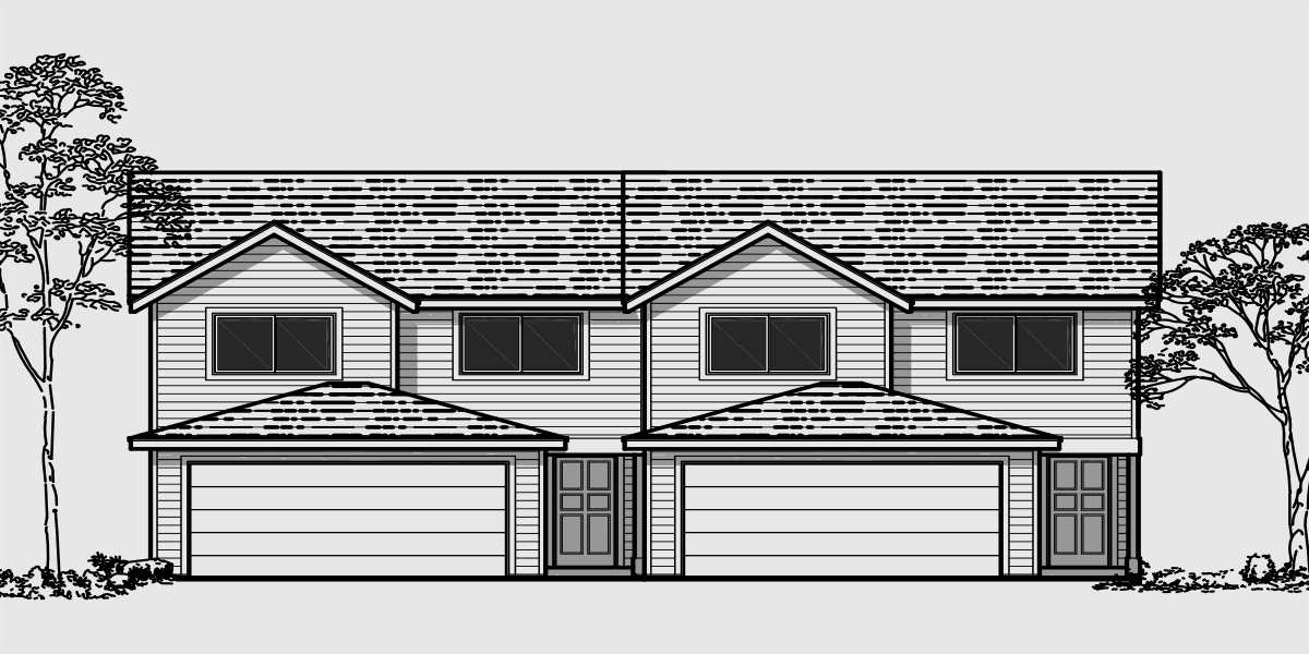 D-434 Duplex house plans, 25 ft. wide house plans, duplex house plans with 2 car garages, D-434