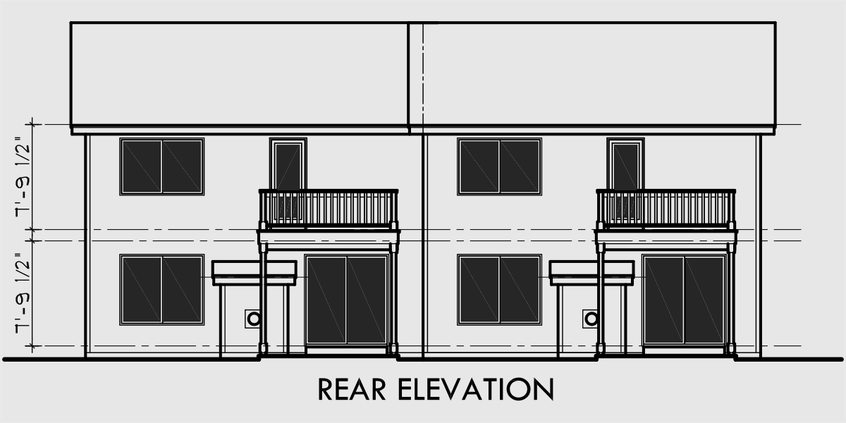 House front drawing elevation view for D-434 Duplex house plans, 25 ft. wide house plans, duplex house plans with 2 car garages, D-434