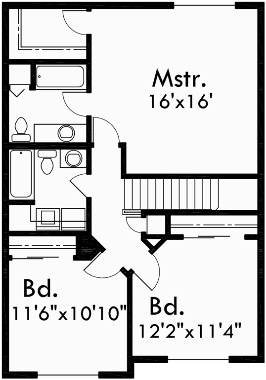 Upper Floor Plan for D-477 Wide Duplex Plan With Two Car Garage 