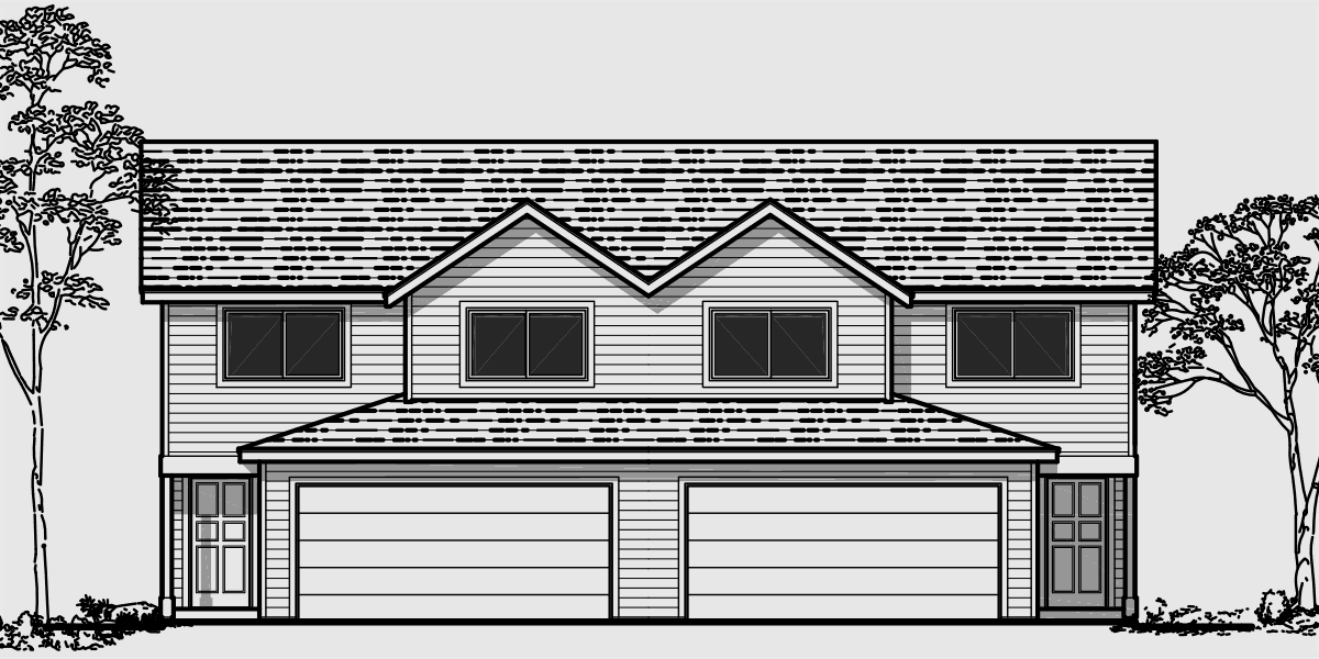 House side elevation view for D-477 25 ft. Wide Duplex Plan With Two Car Garage 