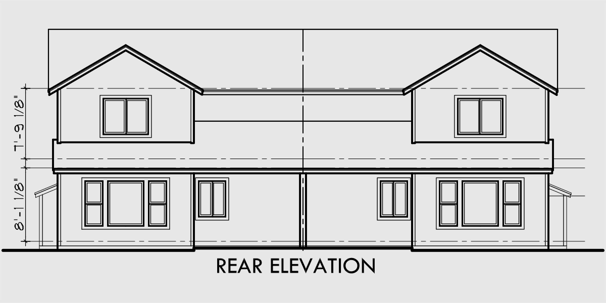House front drawing elevation view for D-418 Duplex house plans, 3 bedroom townhouse plans, duplex house plans with garage, D-418