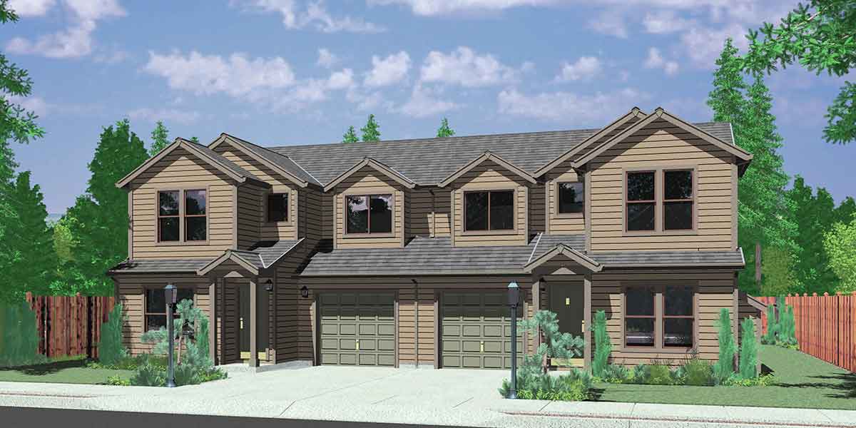 D-418 Duplex house plans, 3 bedroom townhouse plans, duplex house plans with garage, D-418