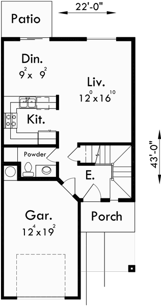 Duplex House Plans, 4 Bedroom Townhouse Plans, D-482