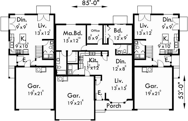 Main Floor Plan for D-437 Triplex house plans, triplex house plans with garage, one story triplex plans, two story triplex plans, D-437