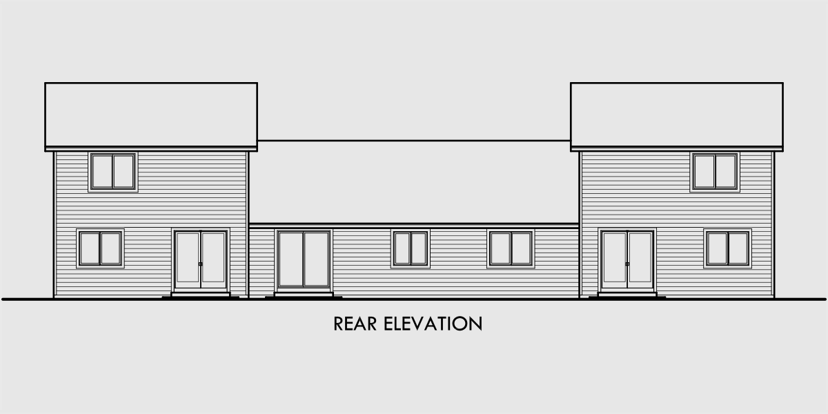 House front drawing elevation view for D-437 Triplex house plans, triplex house plans with garage, one story triplex plans, two story triplex plans, D-437