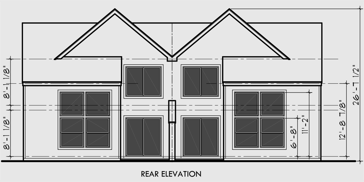 House rear elevation view for D-433 Duplex house plans, duplex house plans with garage, D-433