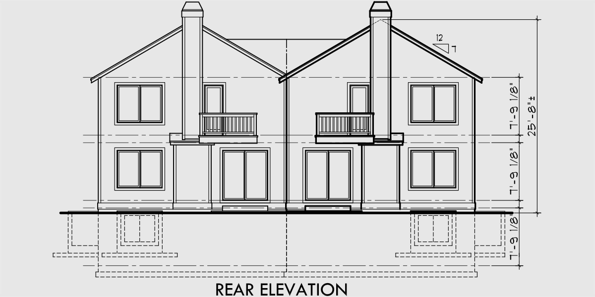 House rear elevation view for D-422 Duplex house plans, duplex house plan with 2 car garage, 3 bedroom duplex house plans, D-422