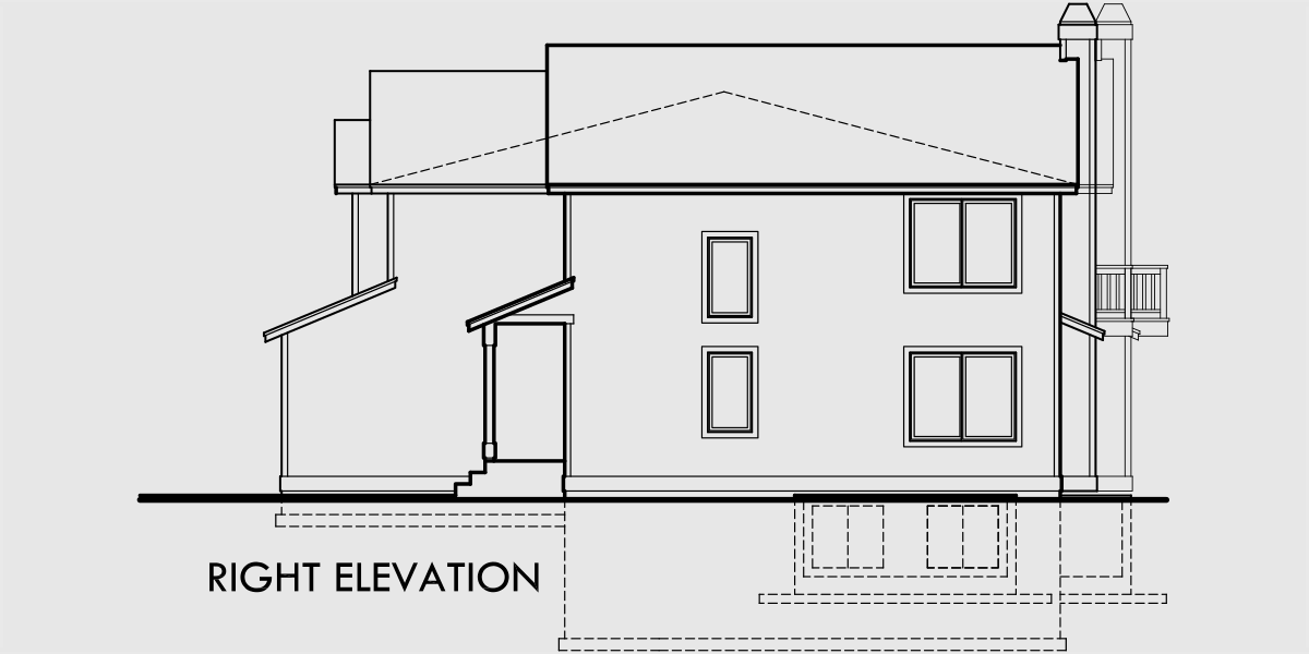 House side elevation view for D-422 Duplex house plans, duplex house plan with 2 car garage, 3 bedroom duplex house plans, D-422