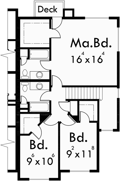 Upper Floor Plan for D-422 Duplex house plans, duplex house plan with 2 car garage, 3 bedroom duplex house plans, duplex house plans with basement, D-422