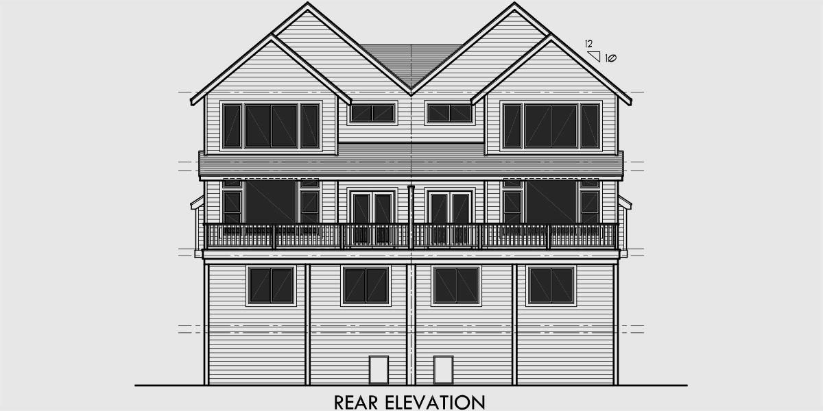 House front drawing elevation view for D-427 Craftsman duplex house plans, Luxury duplex house plans, duplex house plans with basement, D-427
