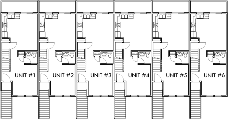 Main Floor Plan 2 for D-442 6 unit townhouse plans, 6 plex plans, double master bedroom house plans, D-442