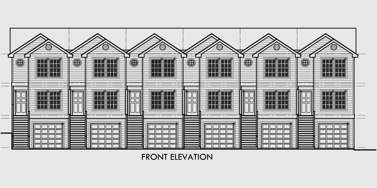 House front drawing elevation view for D-442 6 unit townhouse plans, 6 plex plans, double master bedroom house plans, D-442