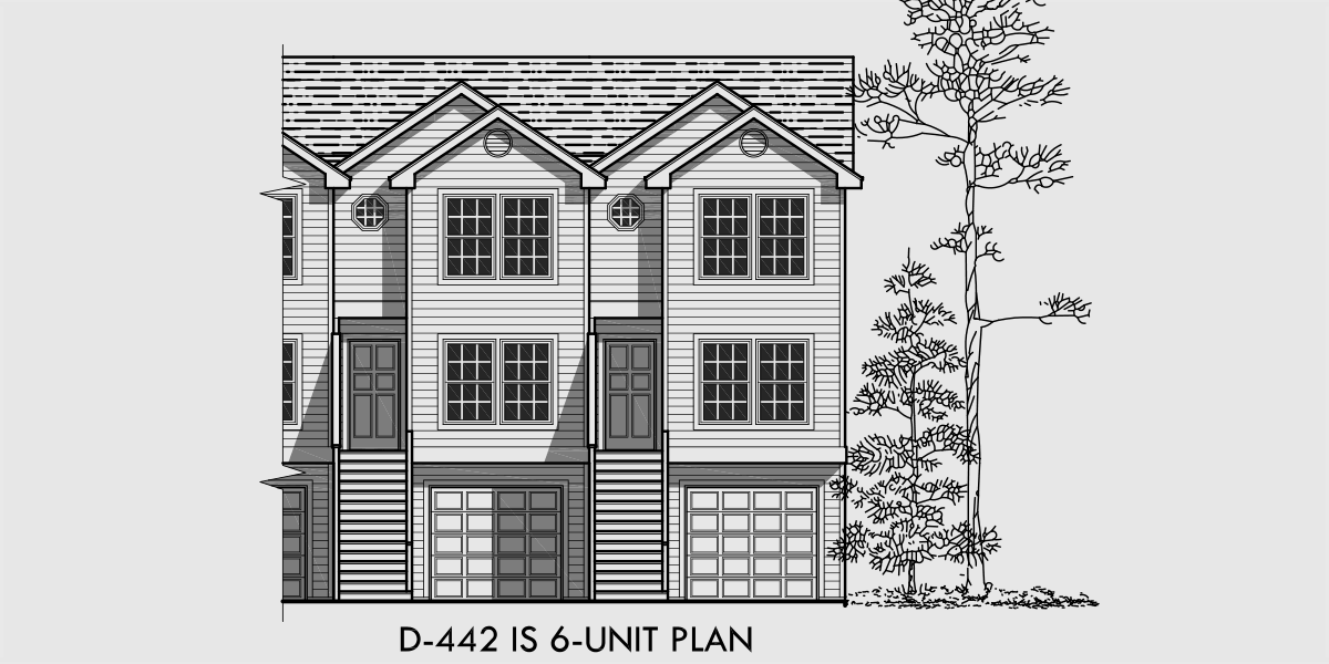 House front color elevation view for D-442 6 unit townhouse plans, 6 plex plans, double master bedroom house plans, D-442