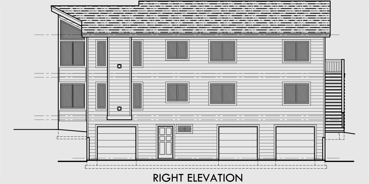 House front drawing elevation view for D-493 Duplex house plans, stacked duplex house plans, duplex house plans with garage, corner lot duplex plans, D-493