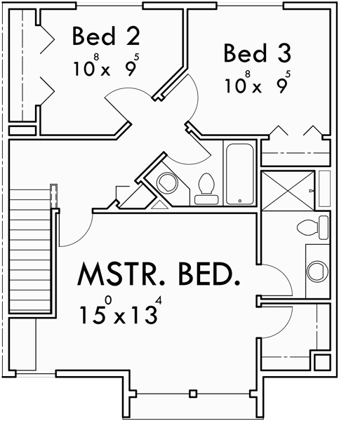Main Floor Plan for D-483 Triplex 3 Bedroom, 2 Car Garage, Side to Side Sloping Lot