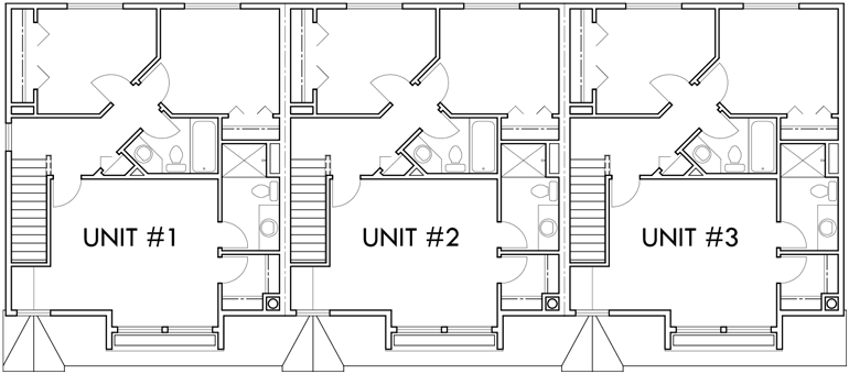 Upper Floor Plan 2 for Triplex 3 Bedroom, 2 Car Garage, Side to Side Sloping Lot