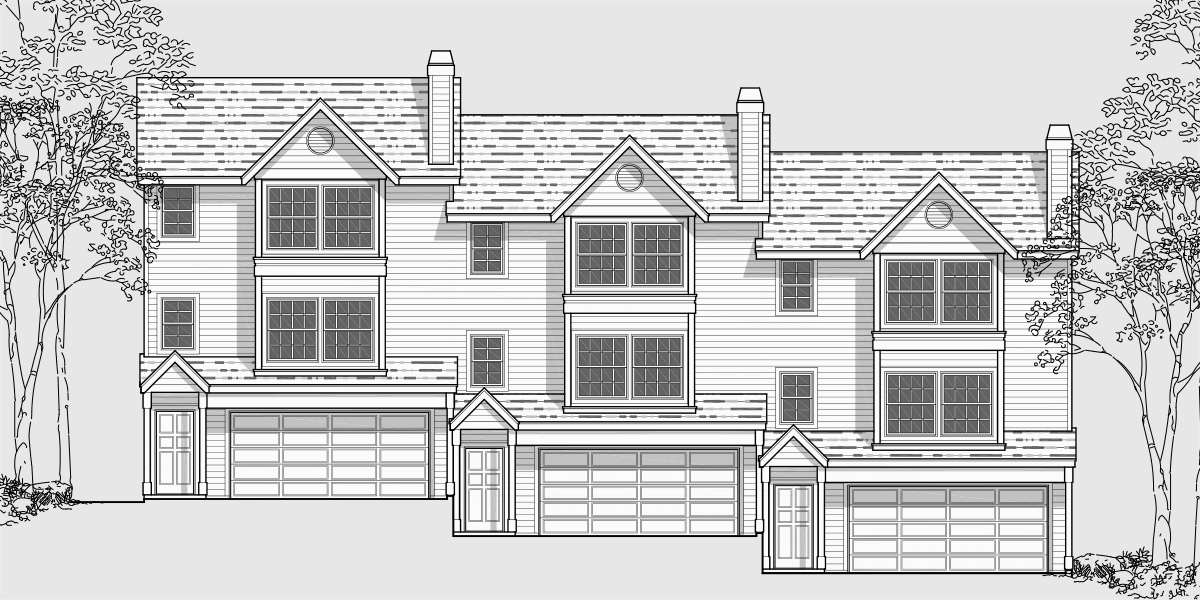 House front drawing elevation view for D-483 Triplex 3 Bedroom, 2 Car Garage, Side to Side Sloping Lot