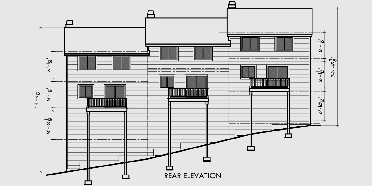 House side elevation view for D-483 Triplex 3 Bedroom, 2 Car Garage, Side to Side Sloping Lot