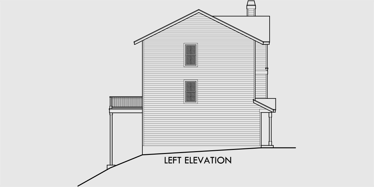 House rear elevation view for D-483 Triplex 3 Bedroom, 2 Car Garage, Side to Side Sloping Lot