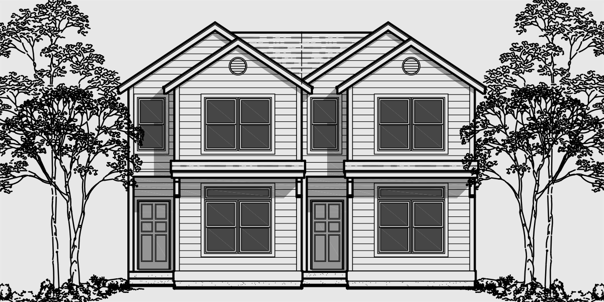 House front drawing elevation view for D-518 Duplex house plans, duplex house plan for sloping lot, rear garage house plans, 2 master bedroom house plans, D-518