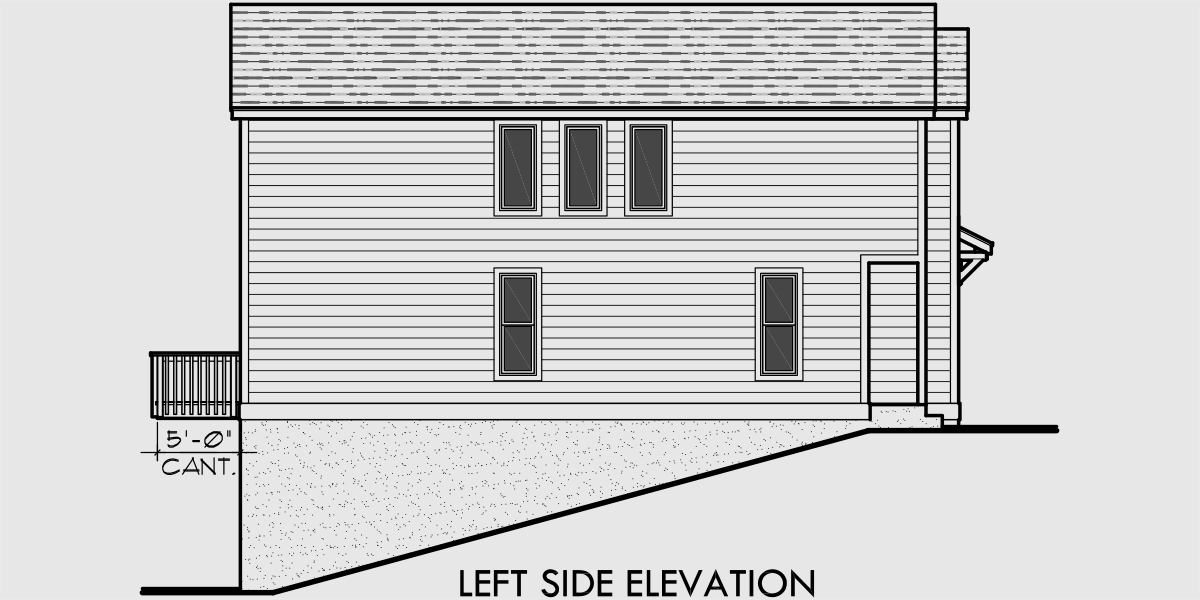 House rear elevation view for D-518 Duplex house plans, duplex house plan for sloping lot, rear garage house plans, 2 master bedroom house plans, D-518