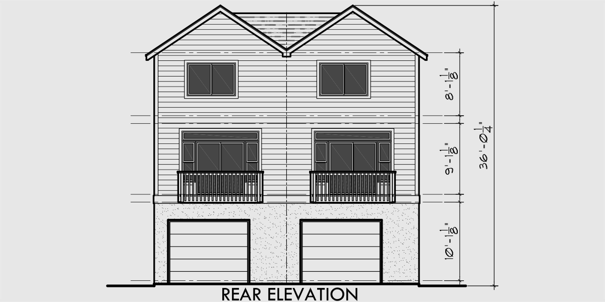 House side elevation view for D-518 Duplex house plans, duplex house plan for sloping lot, rear garage house plans, 2 master bedroom house plans, D-518