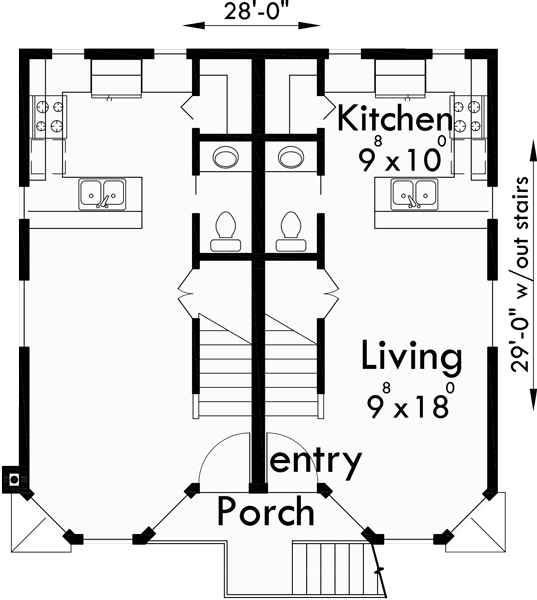 Main Floor Plan for D-399 Duplex house plans, mixed use building plans, duplex plans with office, mixed use multifamily house plans, D-399