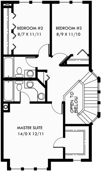 Upper Floor Plan for D-403 Victorian townhouse plans, duplex house plans, D-403