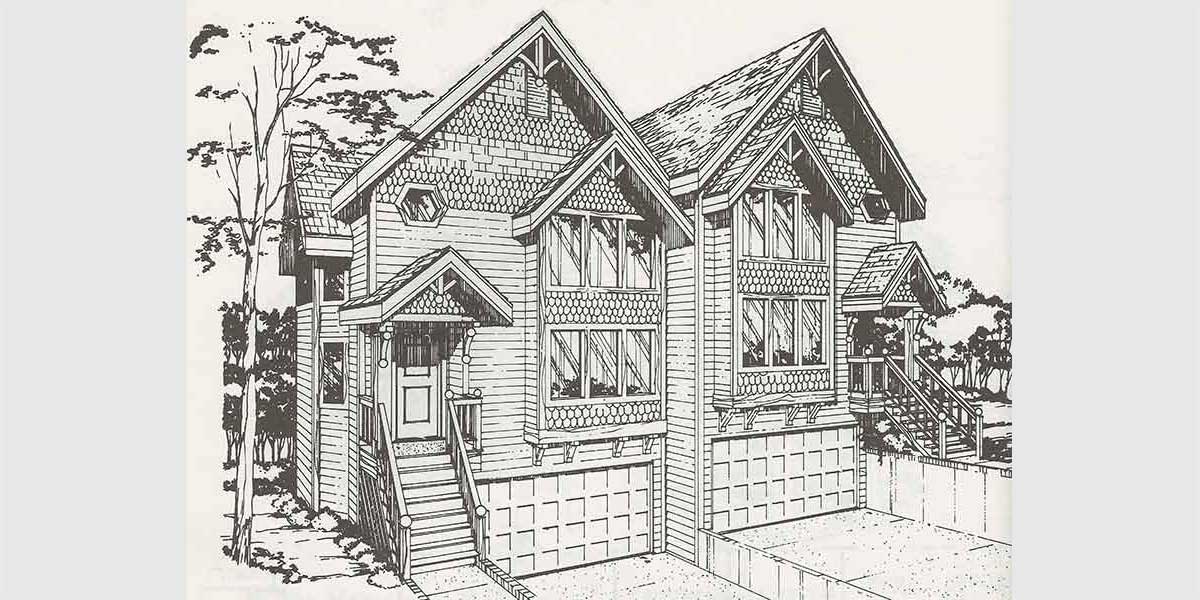 D-403 Victorian townhouse plans, duplex house plans, D-403