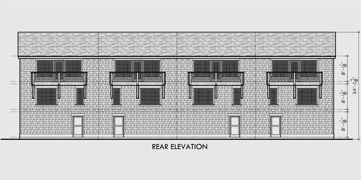 House rear elevation view for F-546 Fourplex house plans, 3 story town house, 3 bedroom townhouse, 4 plex plans with garage, F-546