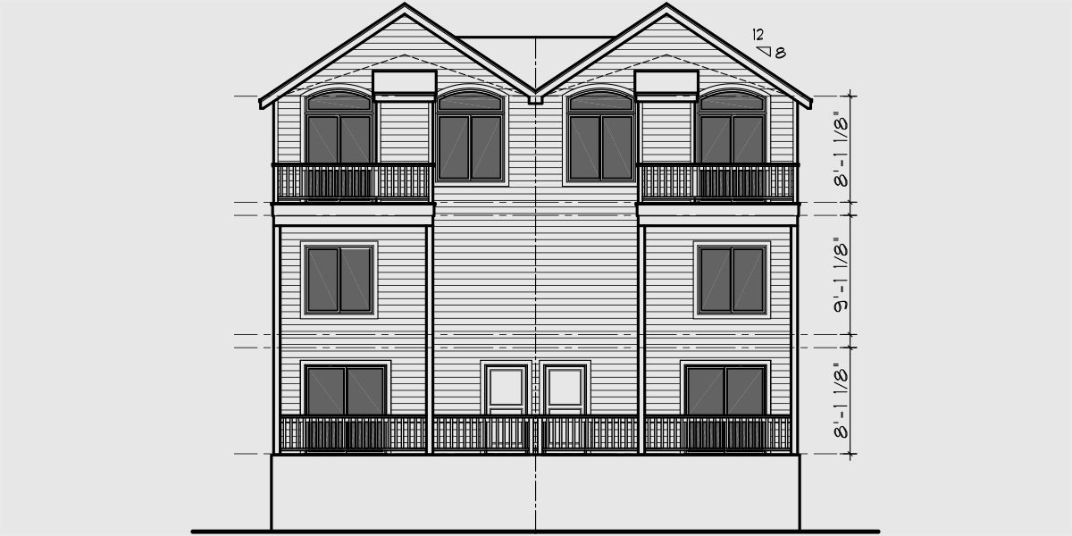 House front drawing elevation view for D-457 Duplex house plans, multi family house plans, duplex house plans for sloping lots, D-457