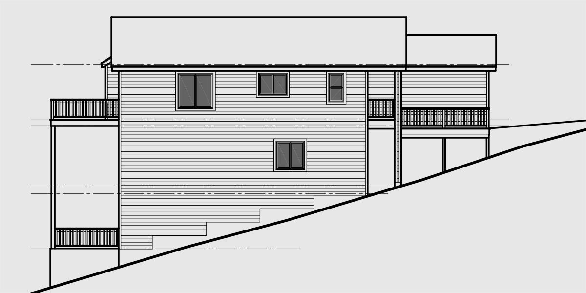 House side elevation view for D-457 Duplex house plans, multi family house plans, duplex house plans for sloping lots, D-457