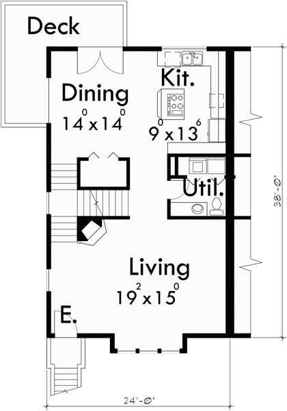 Main Floor Plan for D-415 3 story townhouse plans, 4 bedroom duplex house plans, D-415