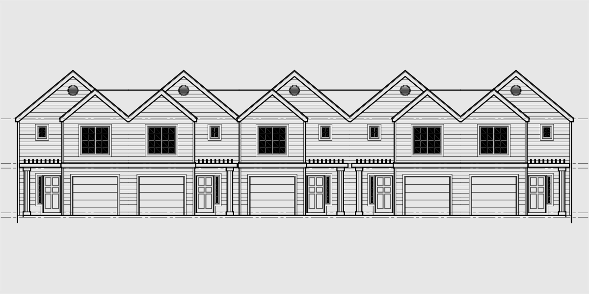 House rear elevation view for D-504 Townhouse plans, row house plans with garage, sloping lot townhouse plans, D-504