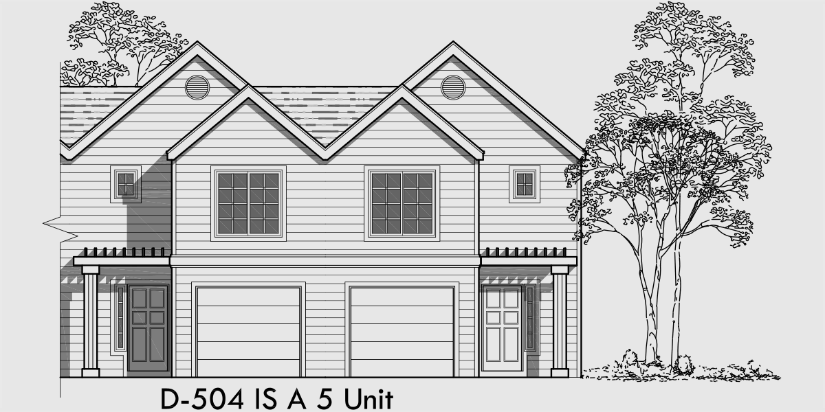 House side elevation view for D-504 Townhouse plans, row house plans with garage, sloping lot townhouse plans, D-504