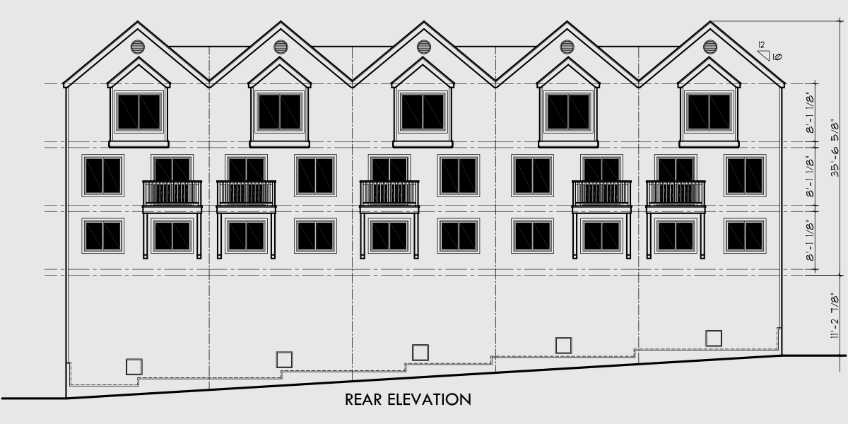 House rear elevation view for D-504 Townhouse plans, row house plans with garage, sloping lot townhouse plans, D-504