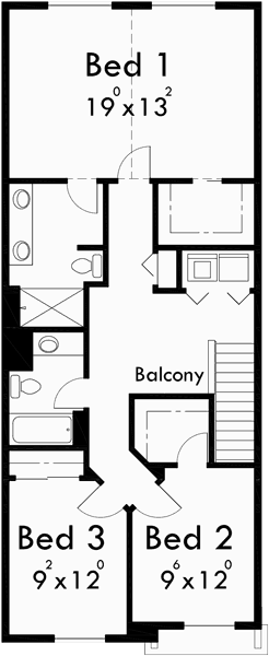 Upper Floor Plan for 10105 Narrow lot house plans, small house plans with garage, 3 bedroom house plans, 20 ft wide house plans, 10105
