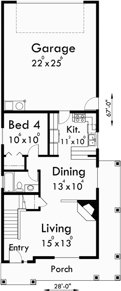 Main Floor Plan for 10061 Two story house plans, narrow lot house plans, rear garage house plans, 4 bedroom house plans, 10061