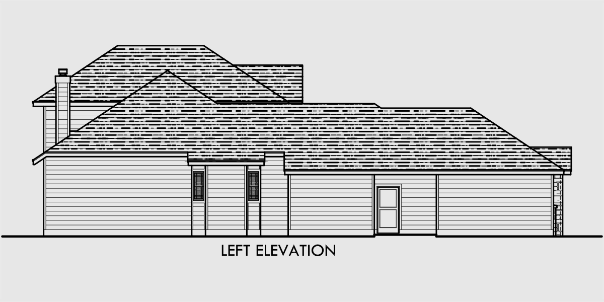House side elevation view for 10052 Traditional house plan w/ master bedroom on the main floor, walls of glass in the atrium and side load garage
