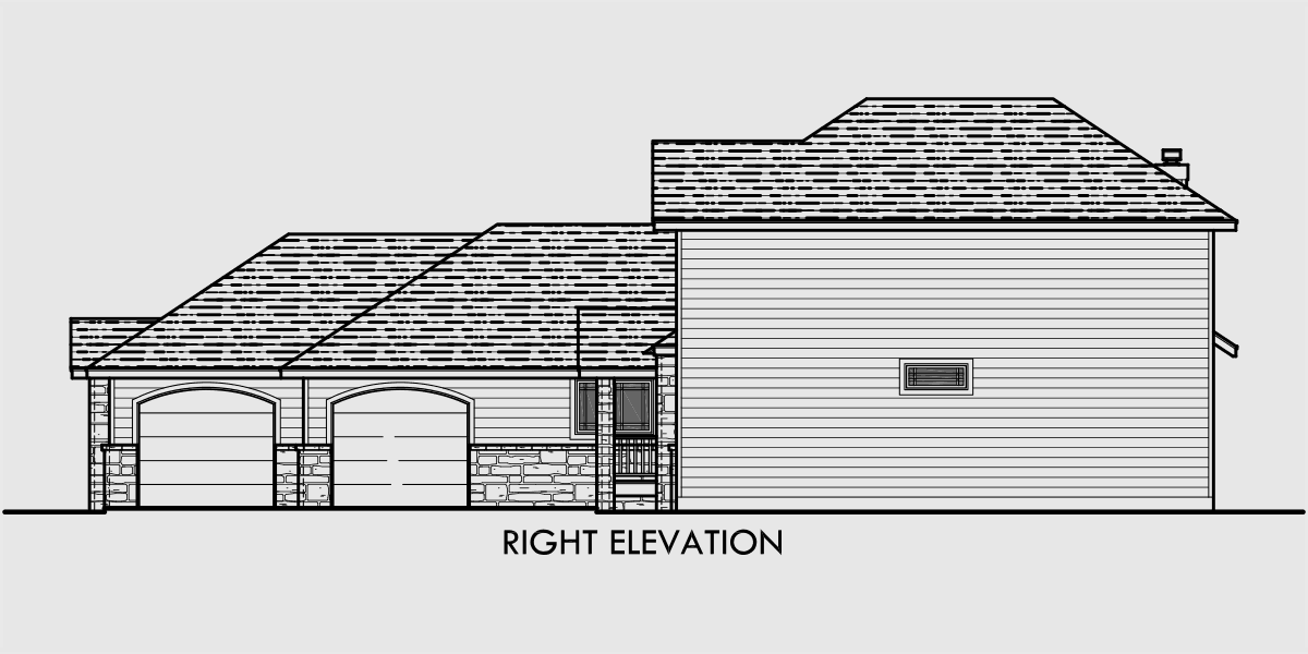 House rear elevation view for 10052 Traditional house plan w/ master bedroom on the main floor, walls of glass in the atrium and side load garage