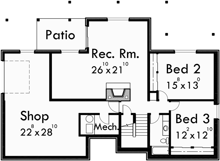 Basement Floor Plan for 10044 House plans with daylight basement, drive through portico, house plans with shop, basement rec room
