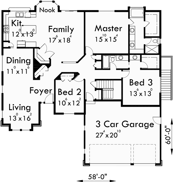 Main Floor Plan for 10050 One level house plans, house plans with 3 car garage, house plans with basement, house plans with storage, 10050