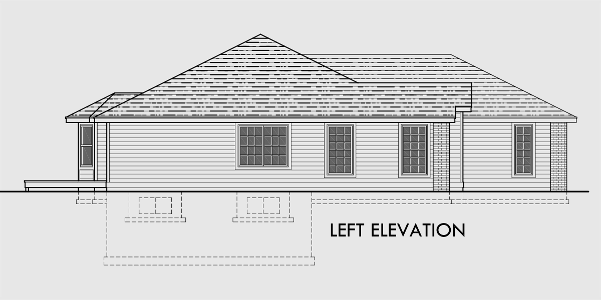House side elevation view for 10050 One level house plans, house plans with 3 car garage, house plans with basement, house plans with storage, 10050