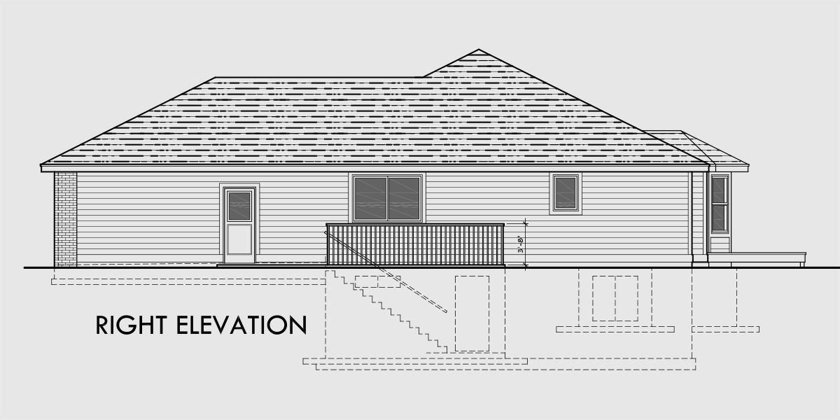 House rear elevation view for 10050 One level house plans, house plans with 3 car garage, house plans with basement, house plans with storage, 10050