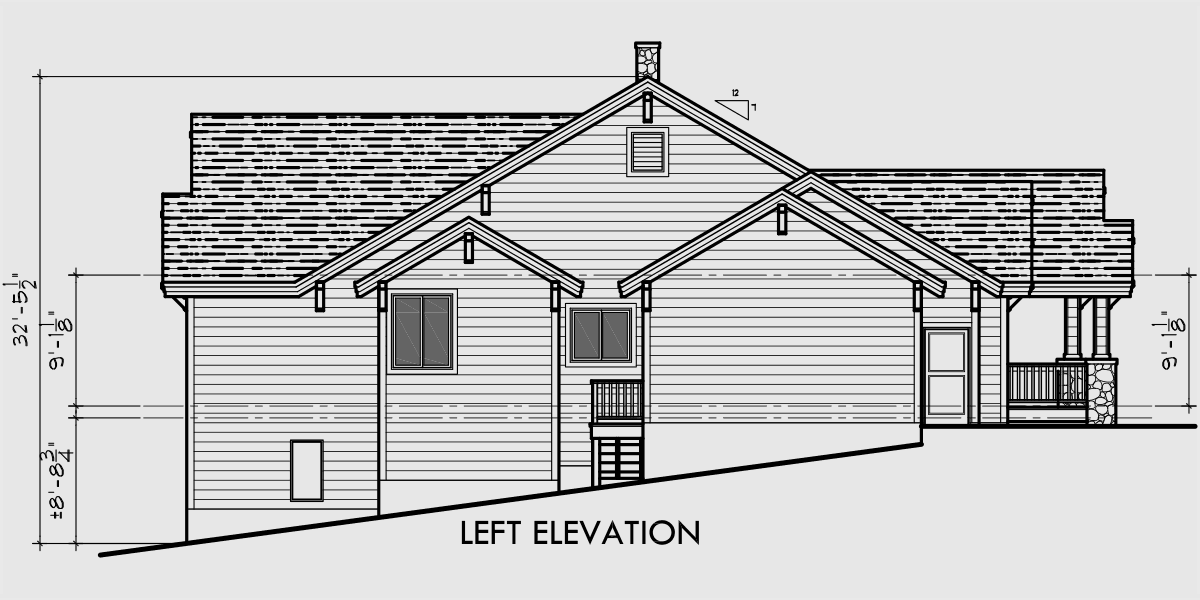 House side elevation view for 10037 Ranch House Plan featuring Gable Roofs